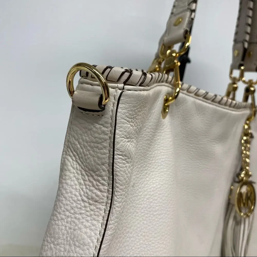 Michael Kors MK Purse Leather Hobo Bag Weave Strap Gold Hardware Cream Large
